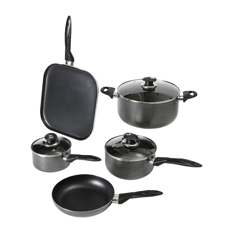 JX-PST54 8-piece non-stick coating pressed cookware set with vented glass lids