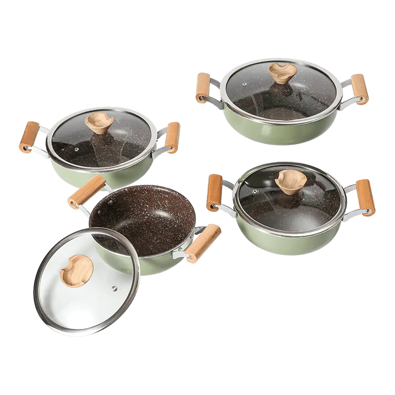 JX-PST35 8-piece roller edge marble nonstick coating aluminum pressed cookware set