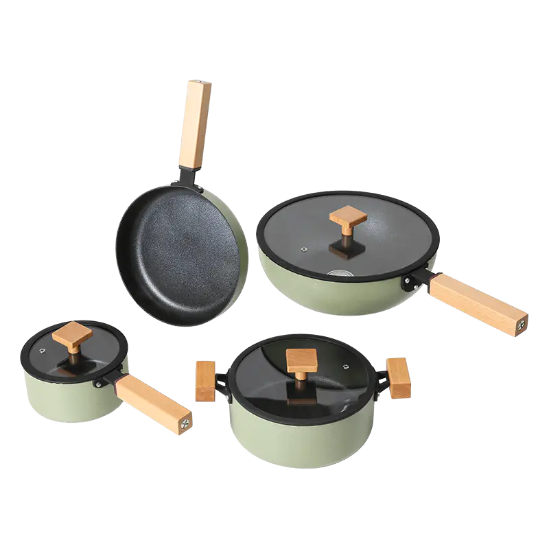 JX-PST32 7-piece aluminum nonstick cookware set with beechwood  handles