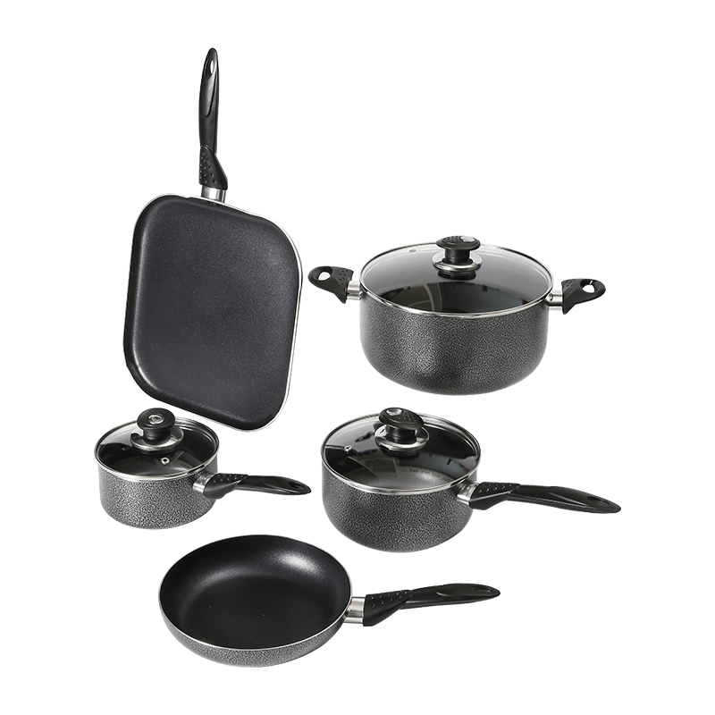 JX-PST54 8-piece non-stick coating pressed cookware set with vented glass lids